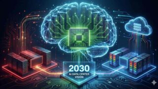 2030年のAIデータセンター未来予想図。中央に緑色のAIチップ、左に赤色のサーバー群、右に青色のクラウドネットワークが配置され、光の回線で相互接続されているイメージイラスト。