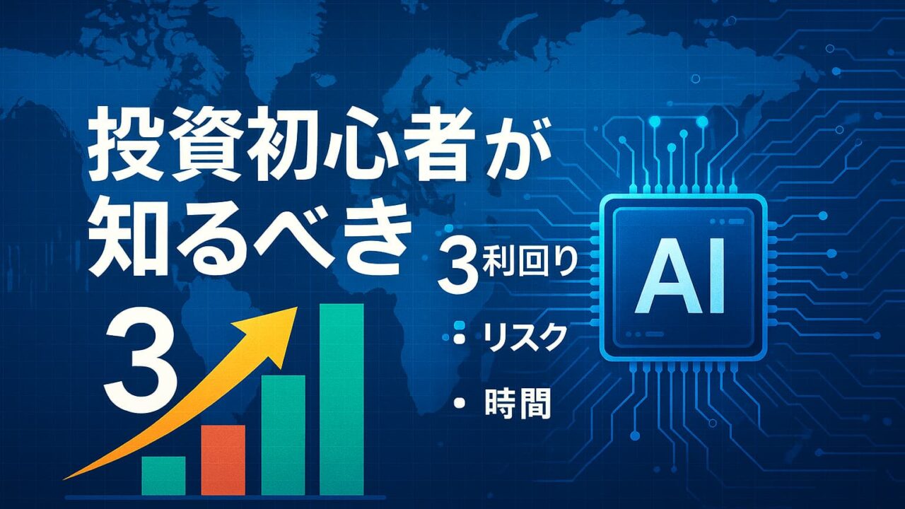 青い世界地図背景に、AIチップのイラスト、上昇矢印、棒グラフが描かれ、中央に「投資初心者が知るべき3つの数字」と記載されたハイテク系デザインの解説画像。