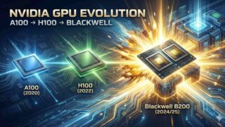 NVIDIA GPU進化の比較図：左からA100(2020)、H100(2022)、そして巨大化した最新のBlackwell B200(2024/25)。AI半導体の性能向上とシステム化の変遷を表すイメージ。