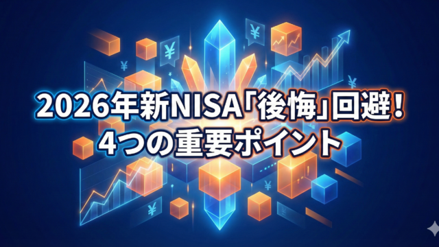 「2026年新NISA『後悔』回避！4つの重要ポイント」という白い太字のテキストが中央にあり、背景に青とオレンジの光る3Dデータブロックや円記号が配置された、投資・テック系のアイキャッチ画像