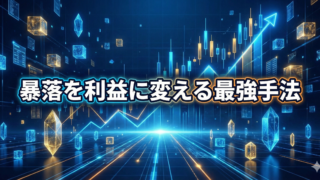 青いデジタル空間に上昇するチャートと3Dブロックが描かれ、中央に「暴落を利益に変える最強手法」と白抜き文字で書かれたドルコスト平均法の解説画像