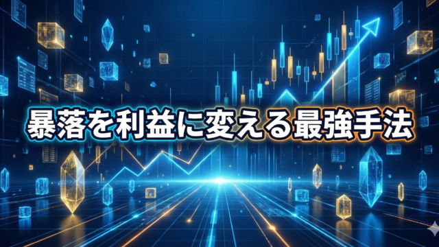 青いデジタル空間に上昇するチャートと3Dブロックが描かれ、中央に「暴落を利益に変える最強手法」と白抜き文字で書かれたドルコスト平均法の解説画像