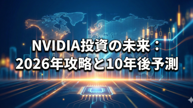 青いデジタル回路と世界地図のホログラムを背景に、「NVIDIA投資の未来：2026年攻略と10年後予測」と白の太字で書かれた投資記事用アイキャッチ画像。