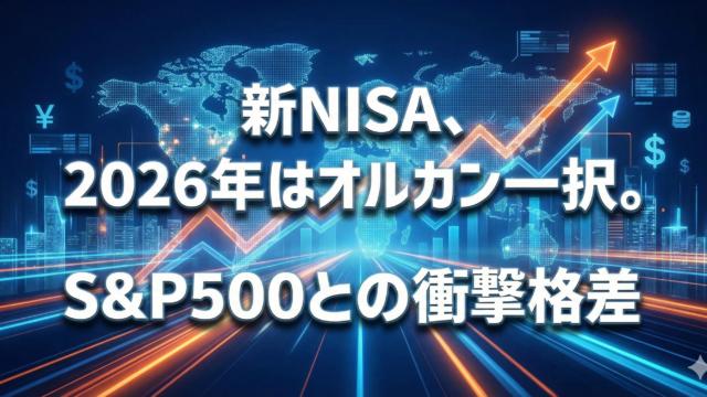 デジタルな世界地図と上昇するオレンジのグラフを背景に、「新NISA、2026年はオルカン一択。S&P500との衝撃格差」という白い太字テロップが入ったアイキャッチ画像