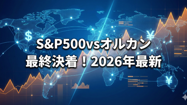 青い世界地図と上昇するオレンジの株価チャートを背景に、「S&P500 vs オルカン 最終決着！2026年最新」という白の太文字テロップが入ったアイキャッチ画像。