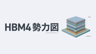 淡いグレーの背景に、左側に大きく太字で「HBM4 勢力図」（下に小さく High Bandwidth Memory 4）と書かれたダークグレーの日本語テキスト。右側には、青やグレー、オレンジの層が何重にも積み重なった半導体メモリ「HBM4」の立体的な積層構造と、その土台となる「BASE DIE（ベースダイ）」がフラットなベクターイラストで描かれており、すっきりとしたモダンなインフォグラフィック風のデザインになっています。