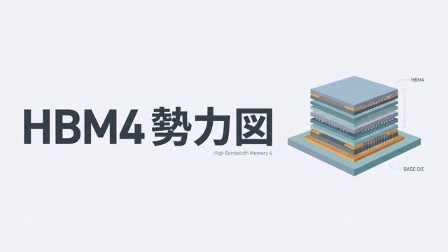 淡いグレーの背景に、左側に大きく太字で「HBM4 勢力図」（下に小さく High Bandwidth Memory 4）と書かれたダークグレーの日本語テキスト。右側には、青やグレー、オレンジの層が何重にも積み重なった半導体メモリ「HBM4」の立体的な積層構造と、その土台となる「BASE DIE（ベースダイ）」がフラットなベクターイラストで描かれており、すっきりとしたモダンなインフォグラフィック風のデザインになっています。