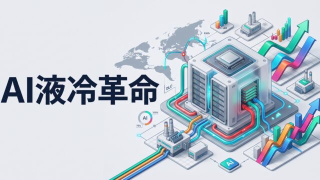 淡いグレーの背景に、「AI液冷革命」と太い文字で書かれたアイキャッチ画像。右側には、赤と青の液体・データフローが循環するAI液冷（DLC）サーバーユニットの3Dアイソメトリック図が配置されています。周囲には、世界地図、工場、成長を示す色鮮やかな3Dグラフや上昇矢印、インジケータが散りばめられ、技術とグローバルサプライチェーンの躍動感を表現しています。