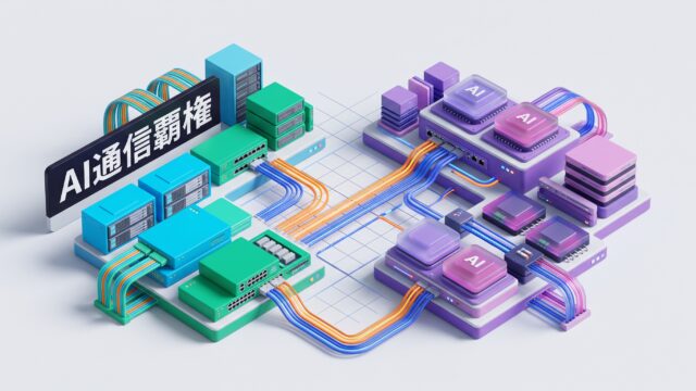 ライトグレー背景のアイソメトリック空間で、イーサネット通信モジュールとAI半導体ファブリックが対峙するネットワークインフラの立体インフォグラフィック。「AI通信覇権」のテロップ付き。