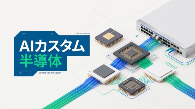白・淡色ベースのクリーンな背景に、ブロードコムの強みであるAIカスタムチップ（ASIC）と次世代イーサネットスイッチが立体的に結ばれたモダン・インフォグラフィック。「AIカスタム半導体」のテロップ付き。