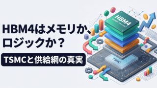 薄いグレーの背景の左側に「HBM4はメモリか、ロジックか？」と「TSMCと供給網の真実」という2段の日本語テキスト。右側には「HBM4 MEMORY OR LOGIC?」と書かれた多色積層メモリチップの3Dイラストと、その下で光る「TSMC」のロジックダイ。周囲には、データや利益、供給網のつながりを示す矢印、ノード、ギア、3Dグラフがアイソメトリック（斜め俯瞰）で配置された、現代的でカラフルなインフォグラフィック。