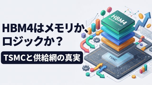 薄いグレーの背景の左側に「HBM4はメモリか、ロジックか？」と「TSMCと供給網の真実」という2段の日本語テキスト。右側には「HBM4 MEMORY OR LOGIC?」と書かれた多色積層メモリチップの3Dイラストと、その下で光る「TSMC」のロジックダイ。周囲には、データや利益、供給網のつながりを示す矢印、ノード、ギア、3Dグラフがアイソメトリック（斜め俯瞰）で配置された、現代的でカラフルなインフォグラフィック。