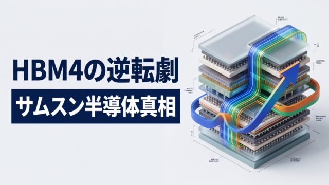 淡いグレー背景に、積層メモリHBM4の精密な3Dアイソメトリック分解構造と急上昇を示すデータフローを描き、左側に「HBM4の逆転劇 / サムスン半導体真相」の2段テロップを配したインフォグラフィック調アイキャッチ画像