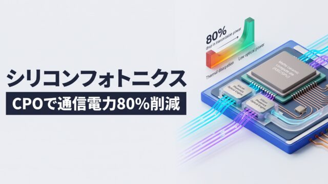 シリコンフォトニクスとCPO（Co-Packaged Optics）による通信電力80%削減を解説する3Dアイソメトリック図解（テロップ：シリコンフォトニクス／CPOで通信電力80%削減）