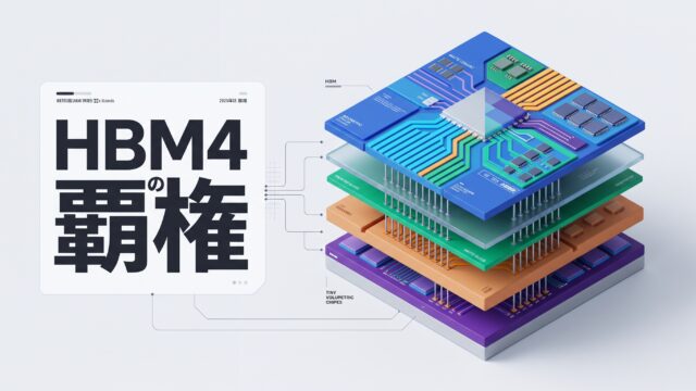 クリーンなライトグレー背景に次世代HBM4半導体積層チップと高度なデータフローを立体的に描いたインフォグラフィック。「HBM4の覇権」のテロップ付き。