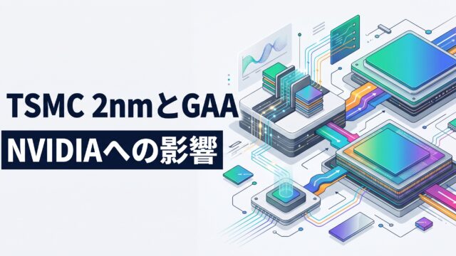 ライトグレーを基調とした背景に、GAAナノシート積層構造と先進GPUパッケージングを表現したアイソメトリック3Dインフォグラフィック。「TSMC 2nmとGAA NVIDIAへの影響」の太字テロップ入りアイキャッチ画像。