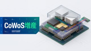 淡色背景に配置されたTSMCのCoWoS先端半導体パッケージング構造、積層HBM、多彩なデータフロー配線と「CoWoS増産」のテロップ。