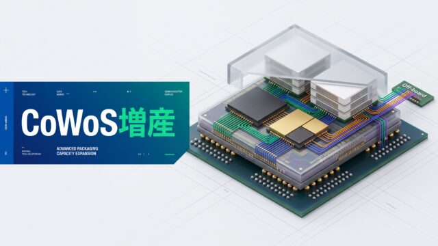 淡色背景に配置されたTSMCのCoWoS先端半導体パッケージング構造、積層HBM、多彩なデータフロー配線と「CoWoS増産」のテロップ。