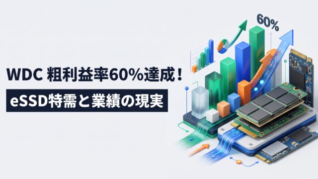 淡いグレー背景に、粗利益率60%達成を象徴する急上昇の3DグラフとエンタープライズSSD（eSSD）の立体分解図が描かれたWDCの業績解説インフォグラフィック画像